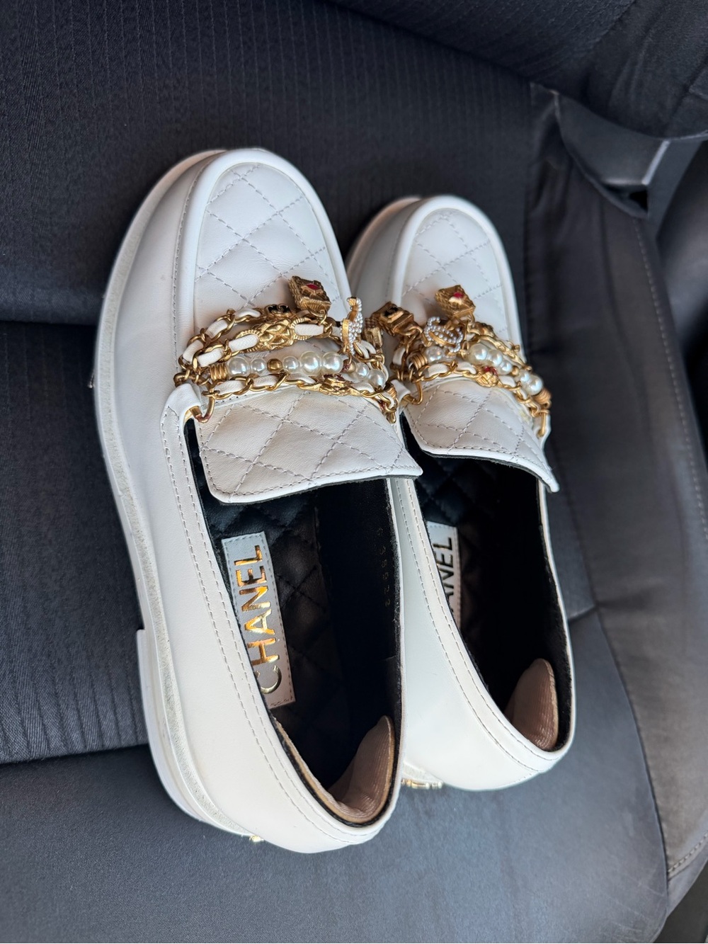 CHANEL White Quilted Leather Loafers with Gold CC Chain&Pearl Trim
Like new. - Picture 3 of 15